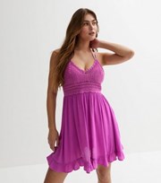 New Look Purple Crochet Frill Mini Beach Dress
